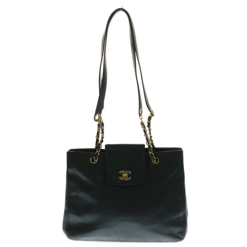 CHANEL(シャネル) スーパーモデル ココマーク キャビアスキン チェーンショルダー ゴールド金具 トートバッグ ブラック