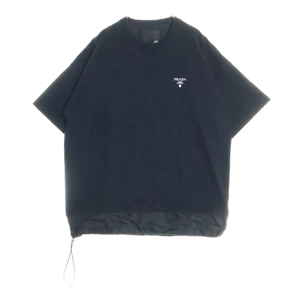 PRADA(プラダ) 裾切替ドローコード ロゴプリント クルーネック 半袖Tシャツ カットソー ブラック UJN742