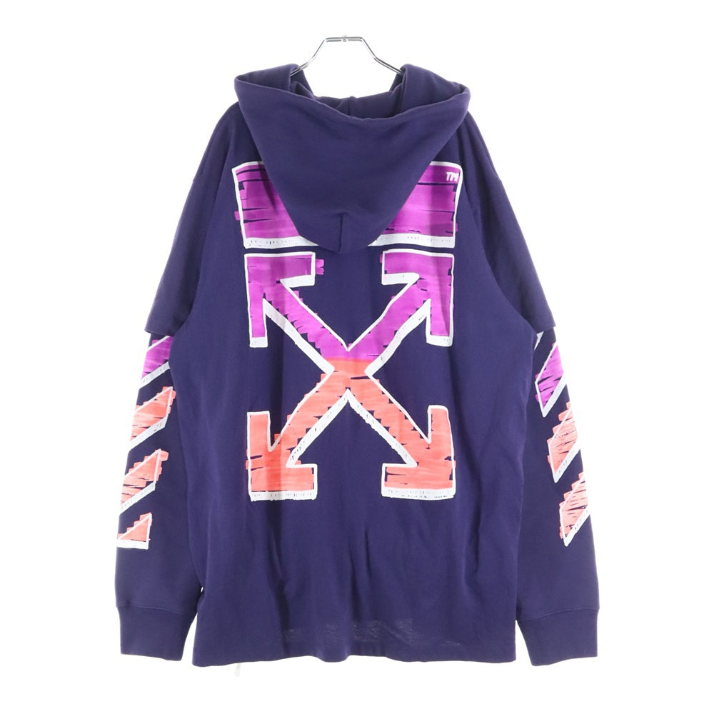 OFF-WHITE(オフホワイト) 21SS MARKER DOUBLE TEE HOODIE マーカーアロー グラフィックプリント レイヤード スウェット プルオーバーパーカー パープル OMBB051R21FLE002