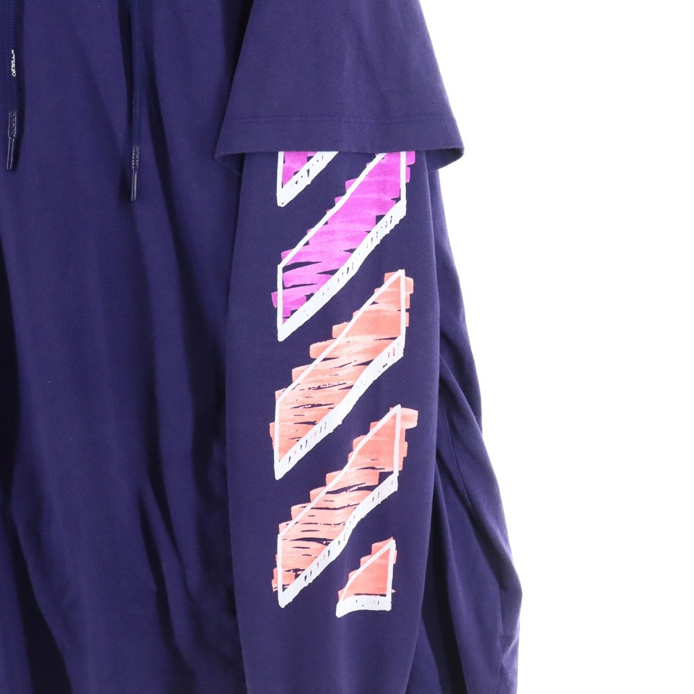 OFF-WHITE(オフホワイト) 21SS MARKER DOUBLE TEE HOODIE マーカーアロー グラフィックプリント レイヤード スウェット プルオーバーパーカー パープル OMBB051R21FLE002