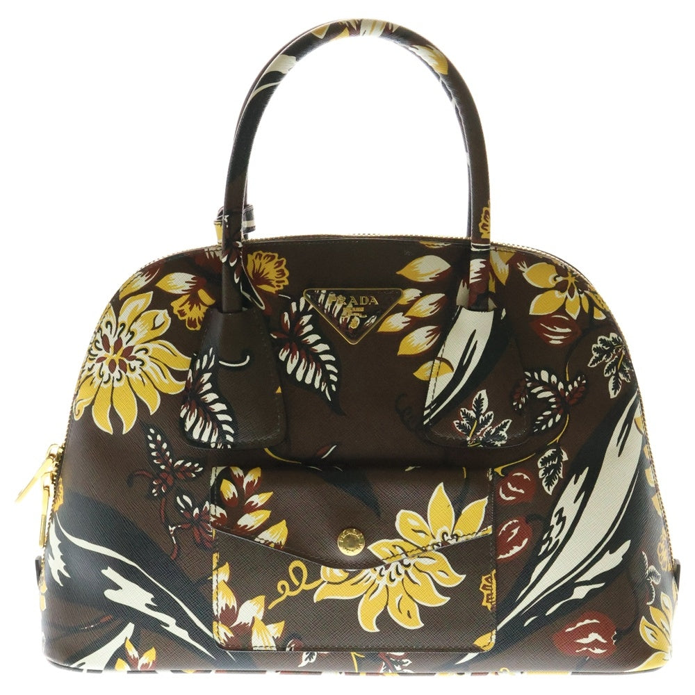 PRADA(プラダ) SAFFIANO PRINT BAGサフィアーノ 総柄 プリント レザー ラウンドジップ ハンドバッグ レディース ブラウン/イエロー BL0892
