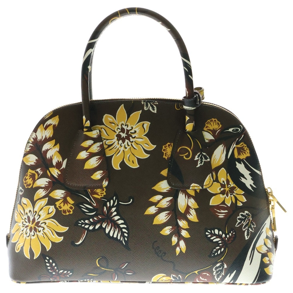 PRADA(プラダ) SAFFIANO PRINT BAGサフィアーノ 総柄 プリント レザー ラウンドジップ ハンドバッグ レディース ブラウン/イエロー BL0892