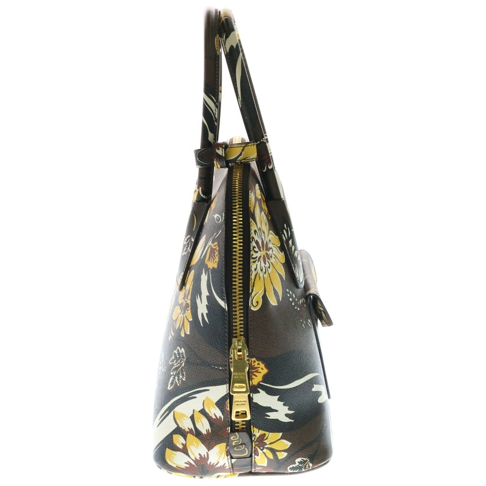 PRADA(プラダ) SAFFIANO PRINT BAGサフィアーノ 総柄 プリント レザー ラウンドジップ ハンドバッグ レディース ブラウン/イエロー BL0892