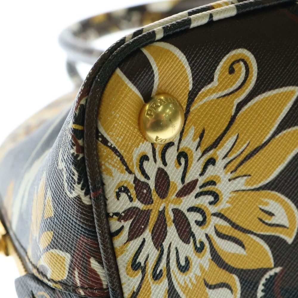 PRADA(プラダ) SAFFIANO PRINT BAGサフィアーノ 総柄 プリント レザー ラウンドジップ ハンドバッグ レディース ブラウン/イエロー BL0892