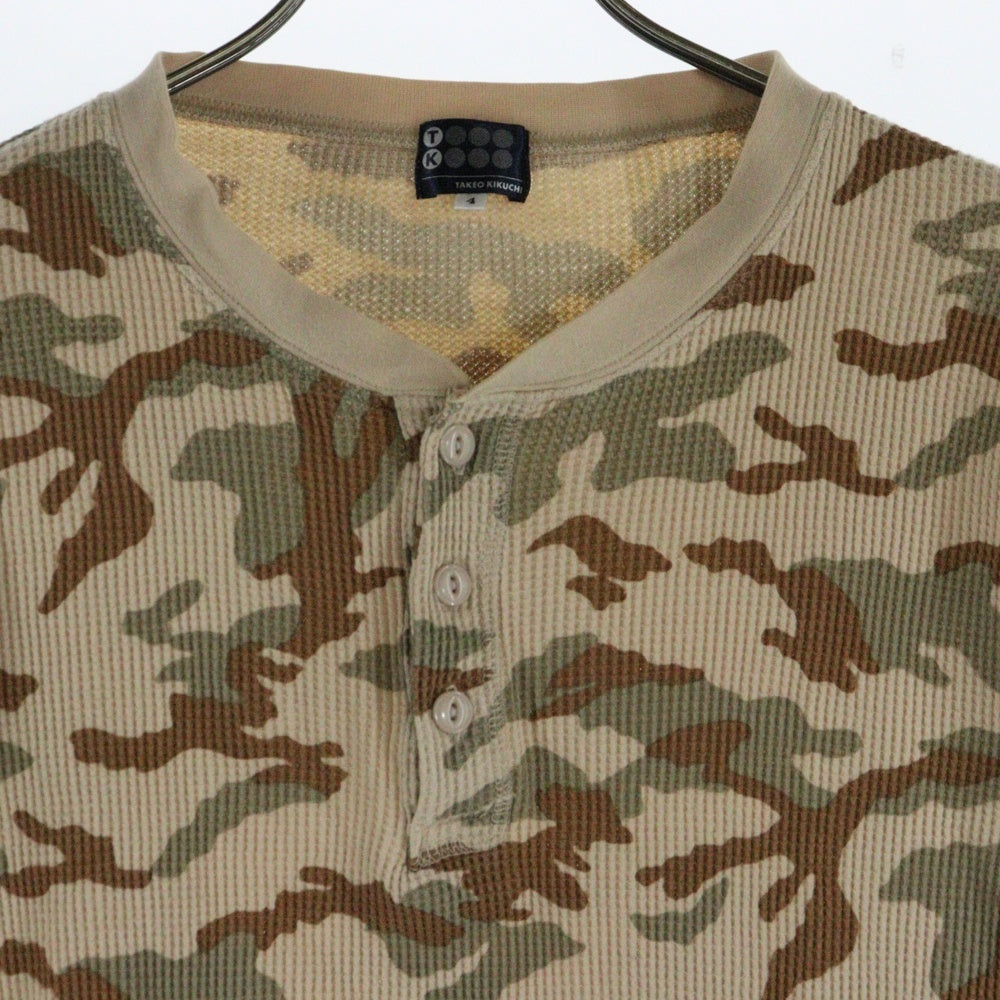 TAKEO KIKUCHI(タケオキクチ) カモ柄 ヘンリーネック ワッフル 長袖カットソー ブラウン