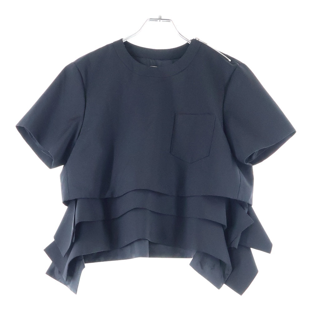 Sacai(サカイ) 23SS SUITING PULLOVER スーチング プルオーバー ドッキング 胸ポケット ショルダージップ 半袖Tシャツ ブラック レディース 23-06904