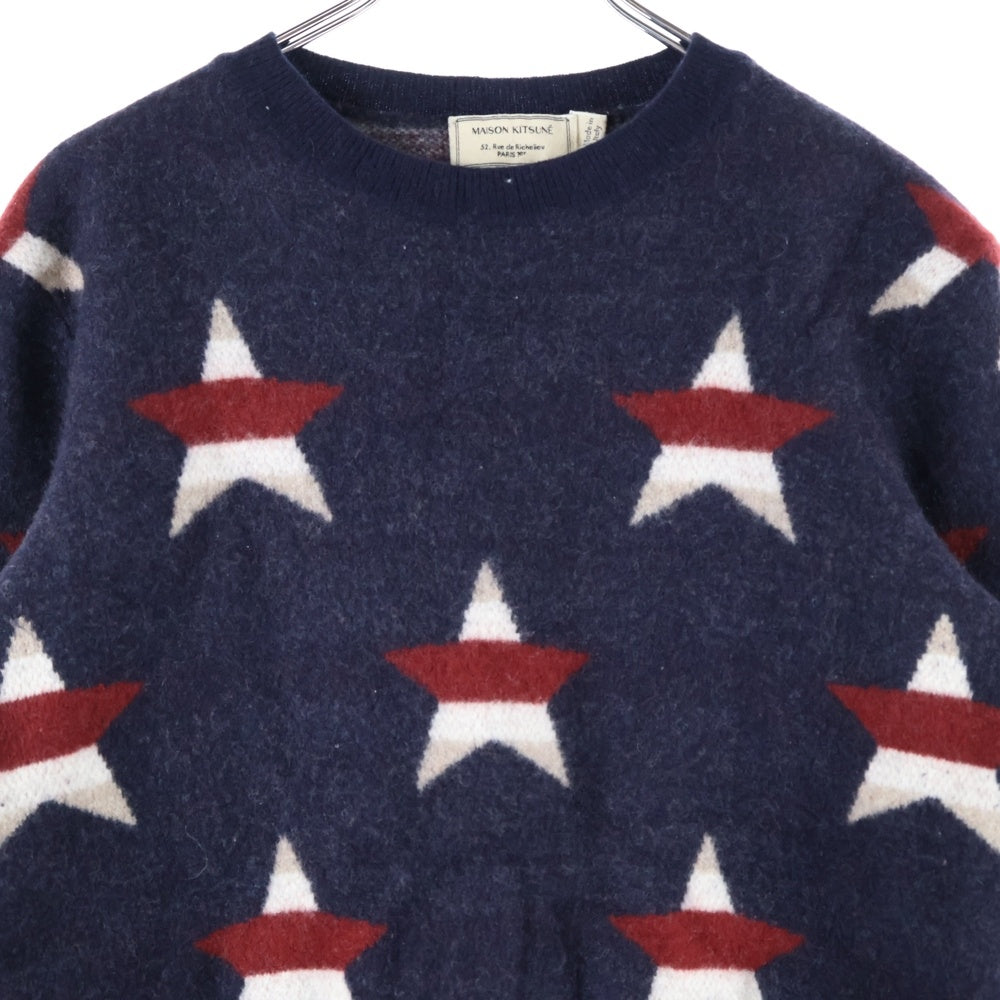 MAISON KITSUNE(メゾンキツネ) 17AW イタリア製 ボーダースター クルーネック カシミア混 ウールニット セーター ネイビー FW17M616