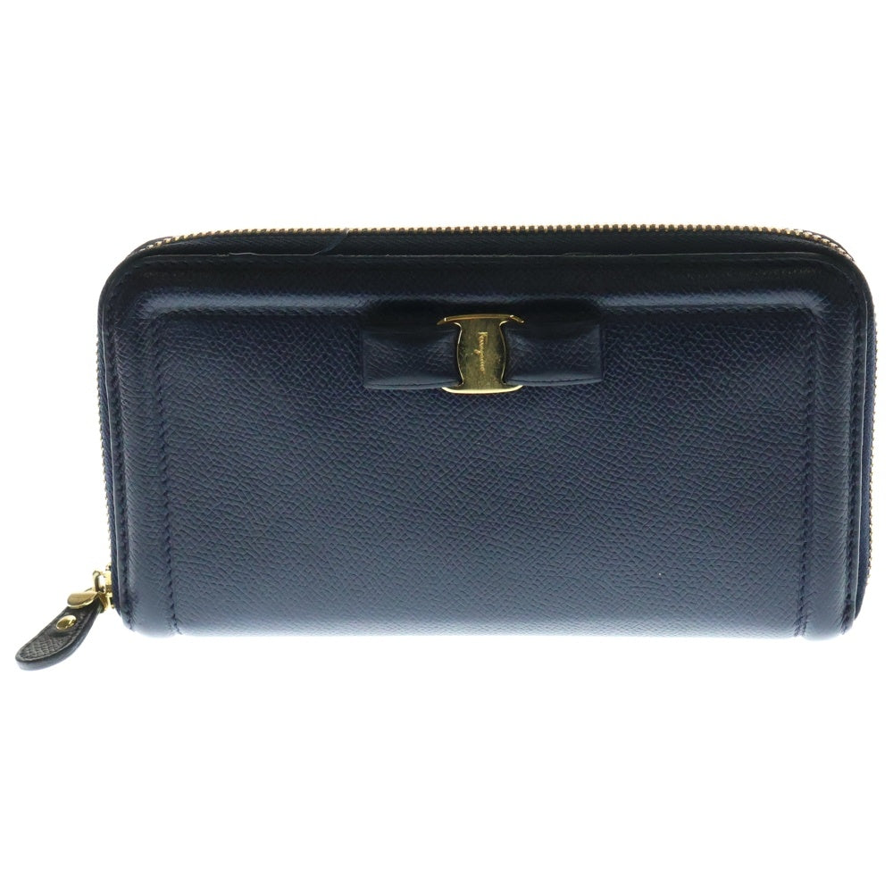 FERRAGAMO(フェラガモ) ゴールド金具 ラウンドジップ ロングウォレット 長財布 ネイビー IY-22C908