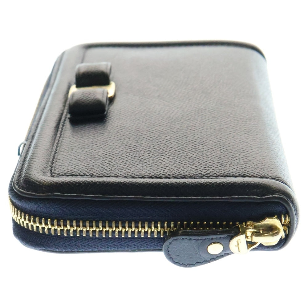 FERRAGAMO(フェラガモ) ゴールド金具 ラウンドジップ ロングウォレット 長財布 ネイビー IY-22C908