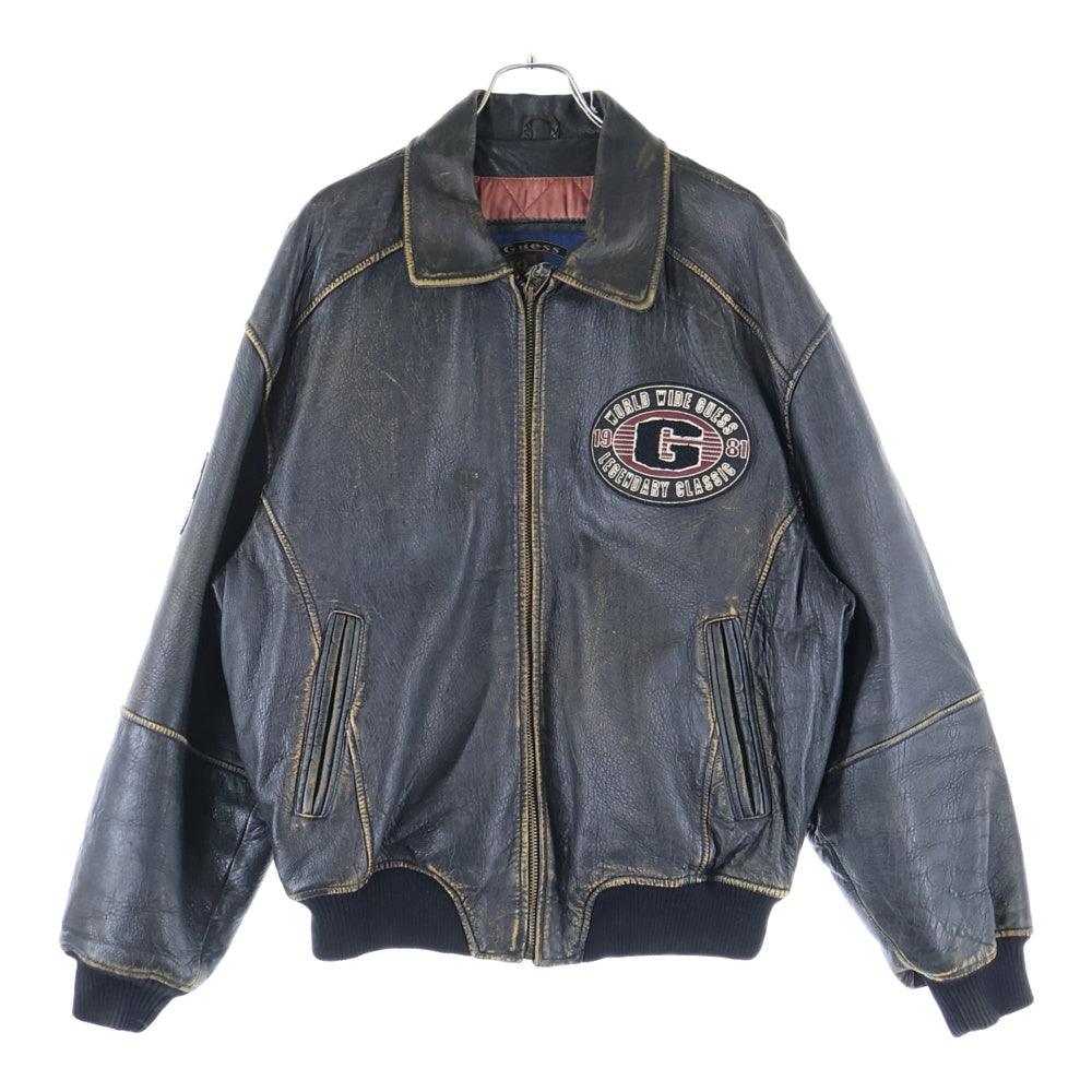 GUESS(ゲス) 90S VINTAGE LEATHER JACKET ヴィンテージ ワッペン刺繍 ジップアップレザージャケット ブラウン