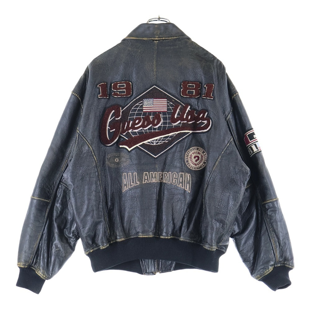 GUESS(ゲス) 90S VINTAGE LEATHER JACKET ヴィンテージ ワッペン刺繍 ジップアップレザージャケット ブラウン