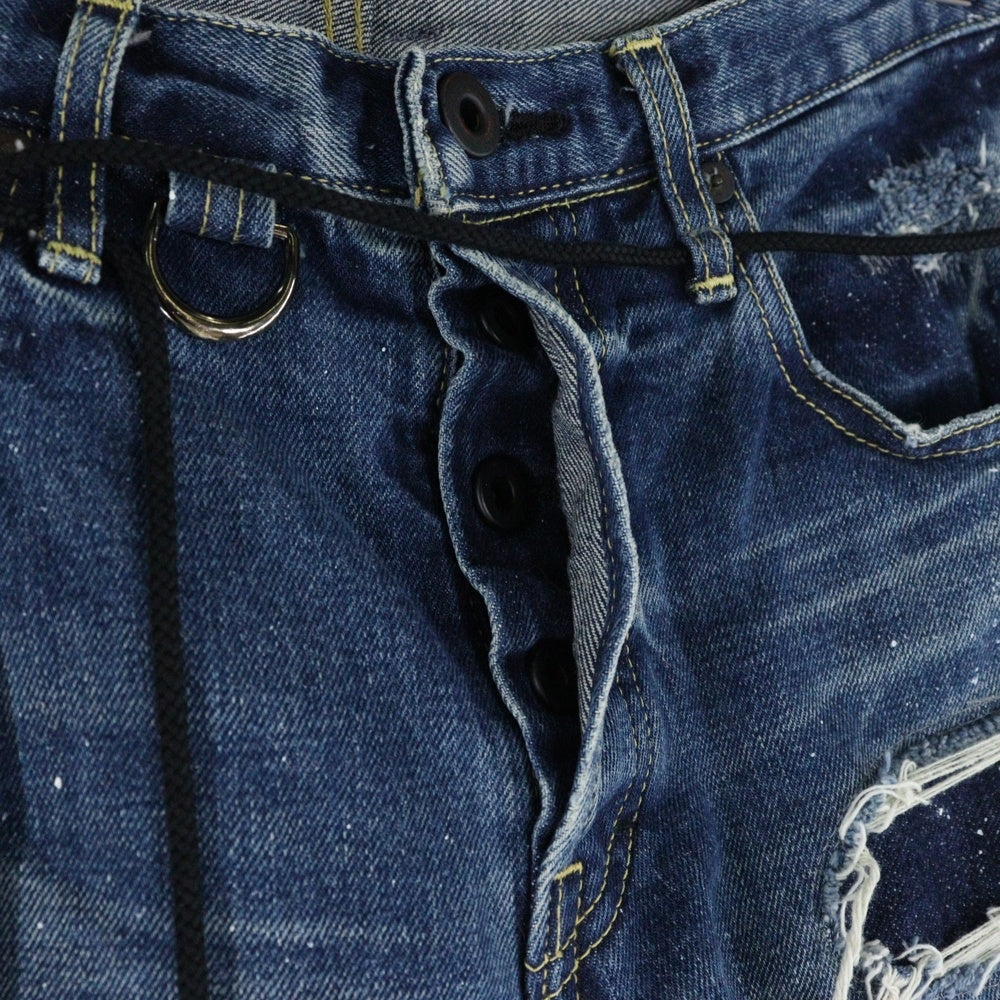 OVERDESIGN(オーバーデザイン) 異素材パッチワークデザイン ダメージ加工 ボタンフライ デニム スキニーパンツ インディゴ