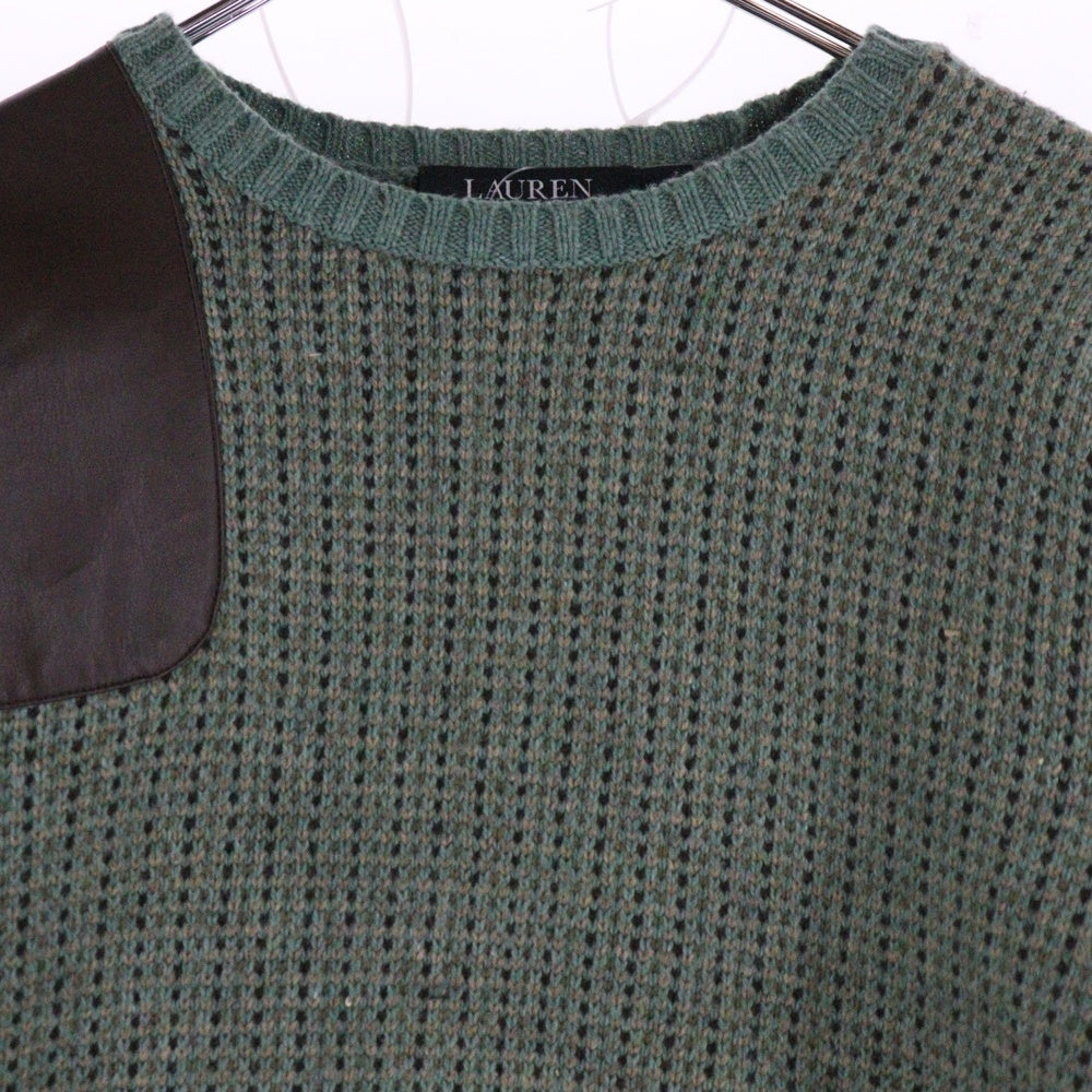 LAUREN RALPH LAUREN(ローレンラルフローレン) レザー切り替え エルボーパッチ クルーネックニットセーター グリーン 200885033001