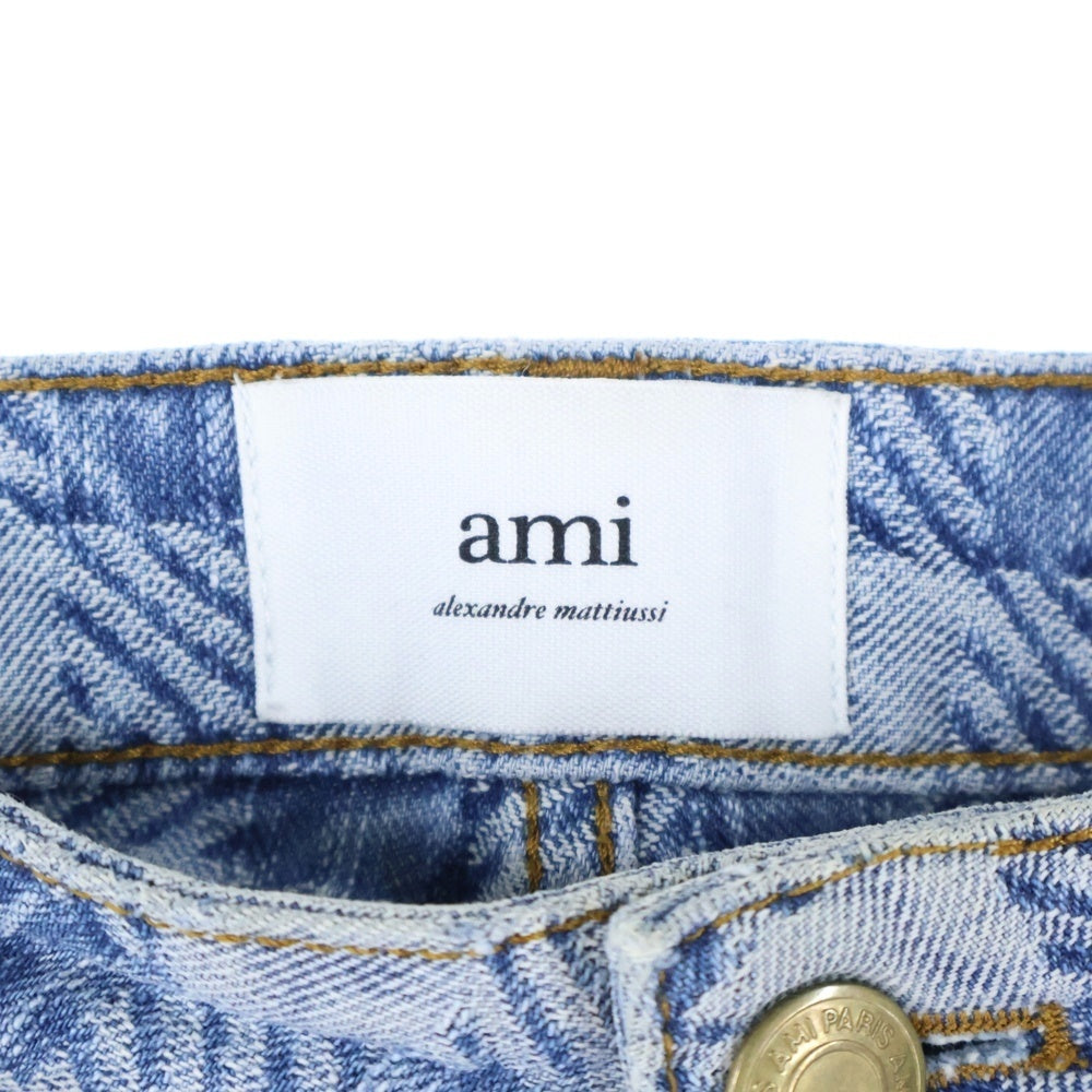 AMI Alexandre Mattiussi(アミアレクサンドルマテュッシ) カウレザーパッチ チェック柄 ボタンフライデニムショーツ ハーフパンツ インディゴ HS0600.DE0010