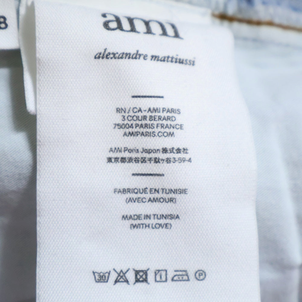 AMI Alexandre Mattiussi(アミアレクサンドルマテュッシ) カウレザーパッチ チェック柄 ボタンフライデニムショーツ ハーフパンツ インディゴ HS0600.DE0010