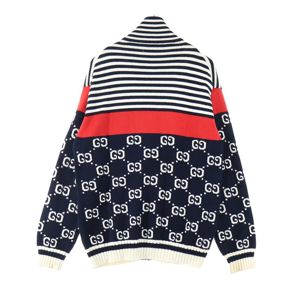 GUCCI(グッチ) GG HIGHNECK KNIT ZIP CARDIGAN GG柄 ボーダー切替 ハイネックジップアップニットカーディガン ブラック/ホワイト/レッド 545701 XKABP