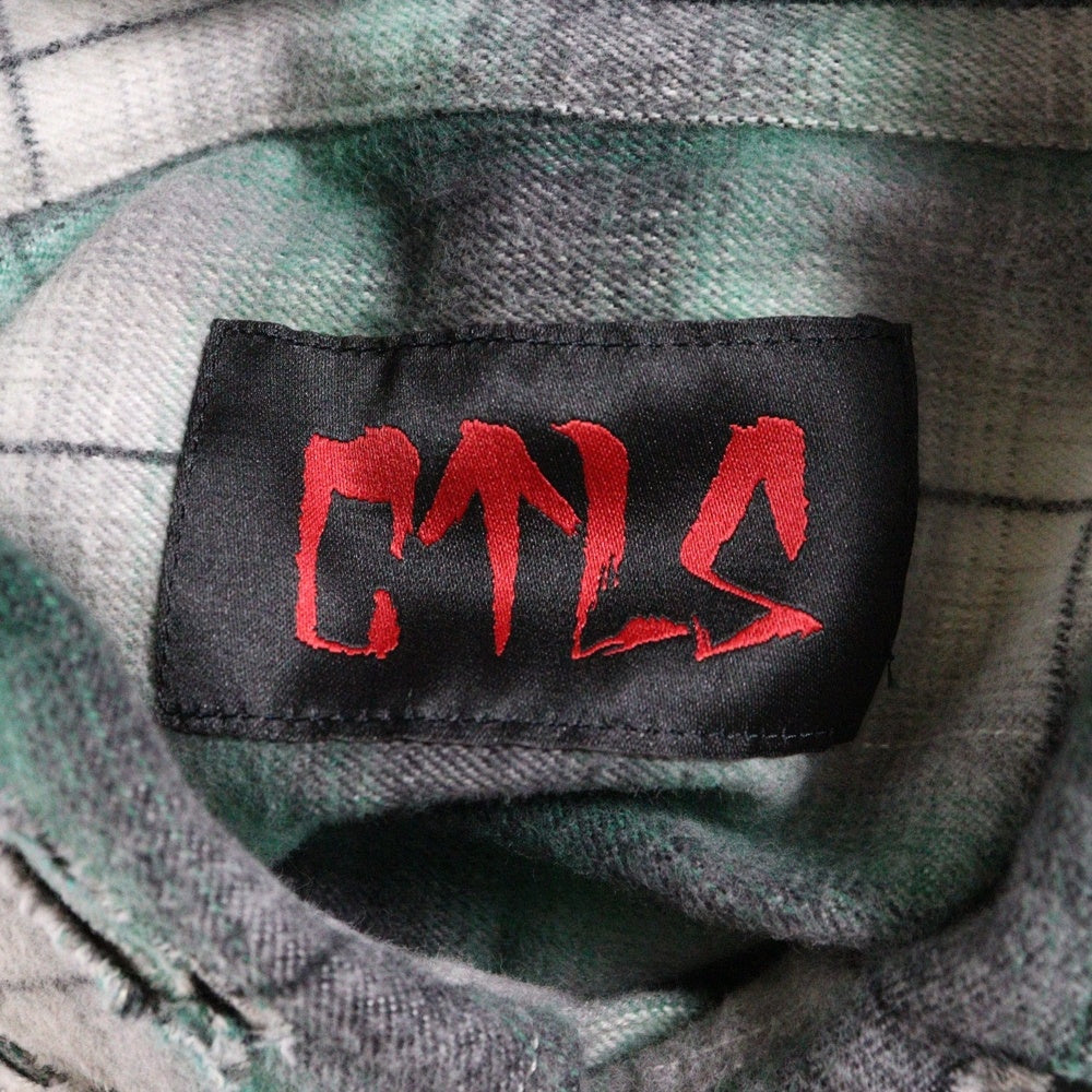 cvtvlist(カタリスト) オンブレチェック ダメージ加工 フロントスカル スナップボタン 長袖シャツ グリーン/ブラック 2401100201