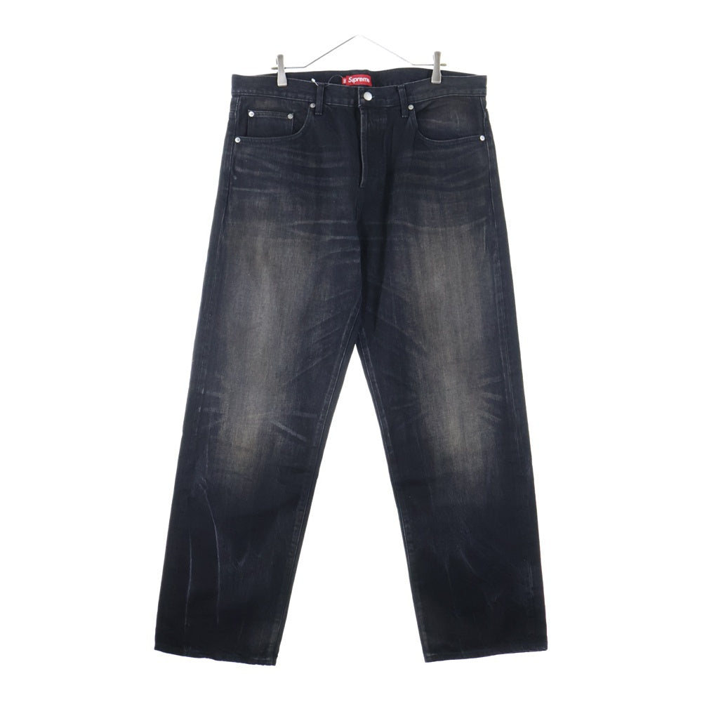 SUPREME(シュプリーム) 24SS Distressed Loose Fit Selvedge Jean ディストレスド ロゴエンブロイダリー セルビッジ ルーズフィット デニムパンツ ブラック