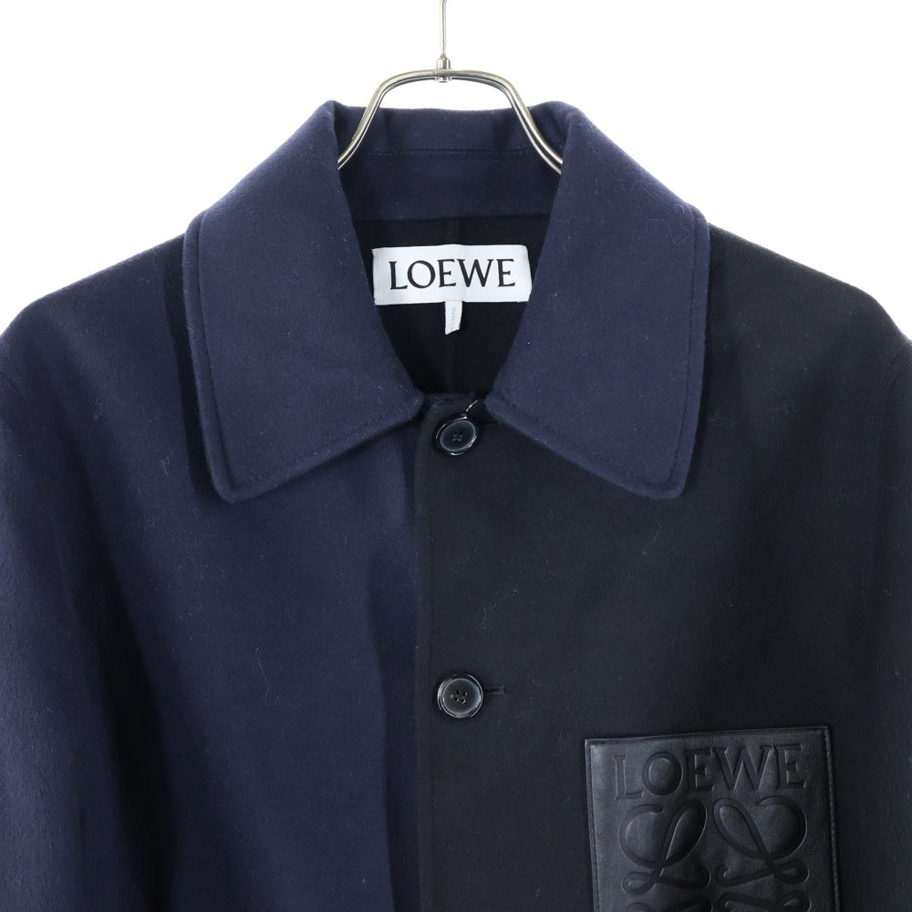 LOEWE(ロエベ) バイカラー レザーロゴパッチ カシミヤ混 コート ネイビー/ブラック H526Y02W11