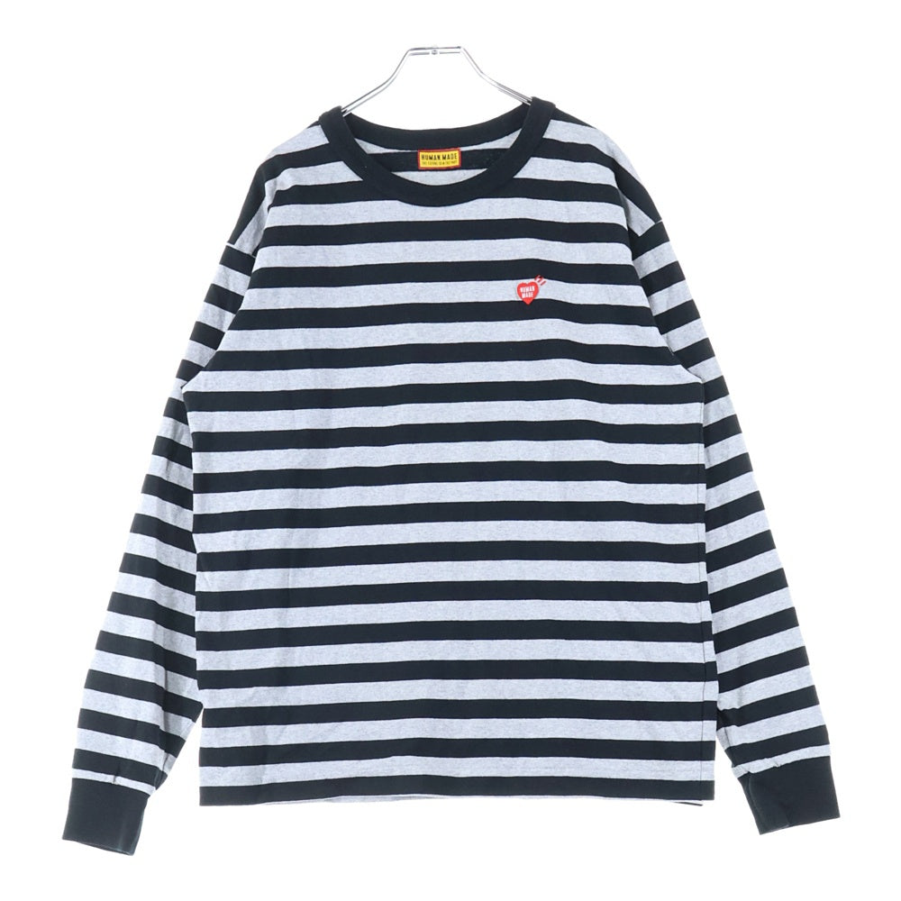 HUMAN MADE(ヒューマンメイド) ハート ワッペンロゴ ボーダー 長袖カットソー Tシャツ ブラック/グレー HM29CS039