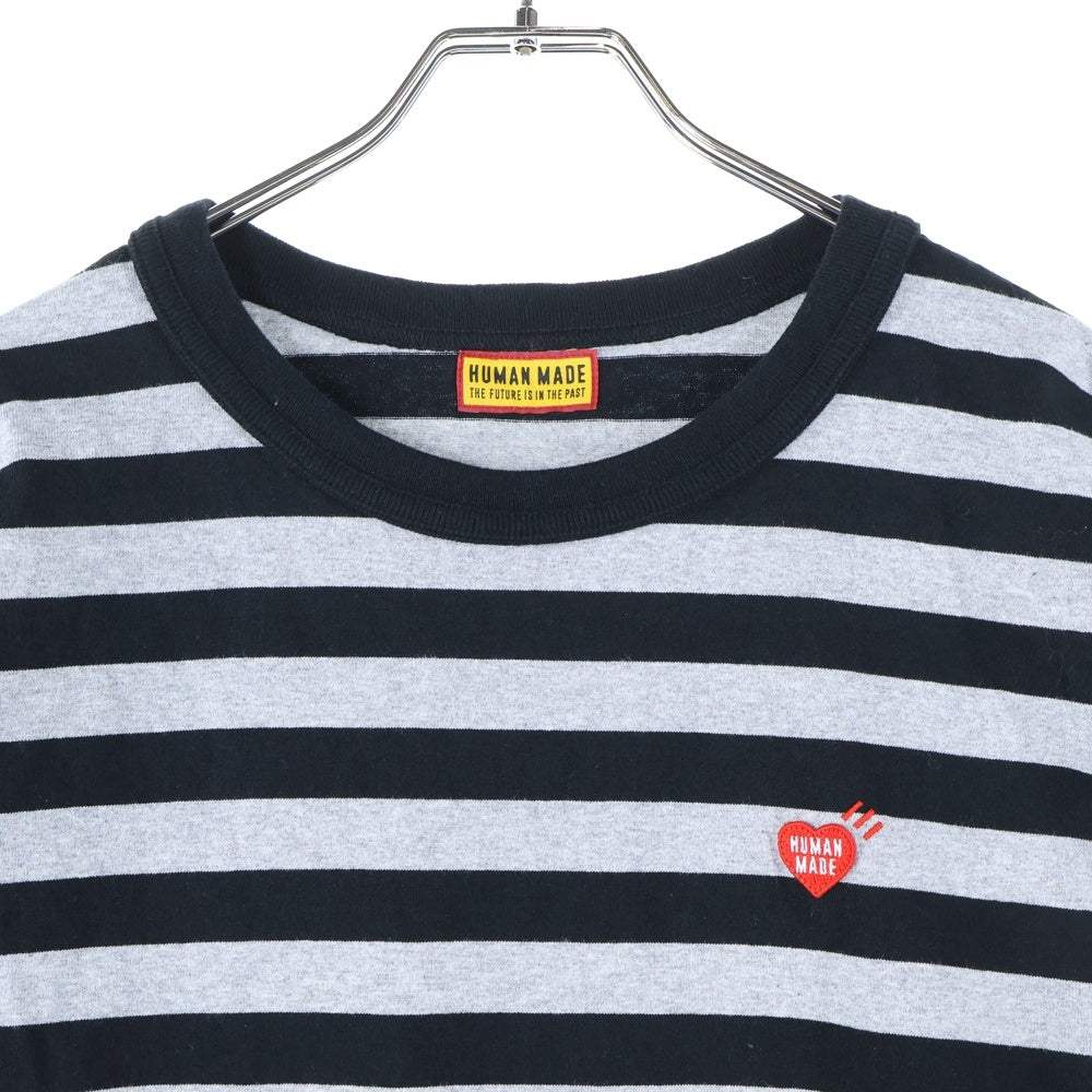HUMAN MADE(ヒューマンメイド) ハート ワッペンロゴ ボーダー 長袖カットソー Tシャツ ブラック/グレー HM29CS039