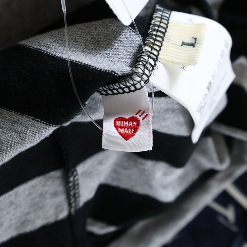 HUMAN MADE(ヒューマンメイド) ハート ワッペンロゴ ボーダー 長袖カットソー Tシャツ ブラック/グレー HM29CS039