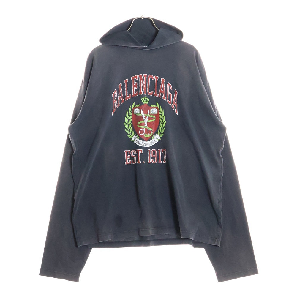 BALENCIAGA(バレンシアガ) 21AW ユーズド加工 カレッジロゴプリント プルオーバーパーカー フーディー グレー 674685 TLV89