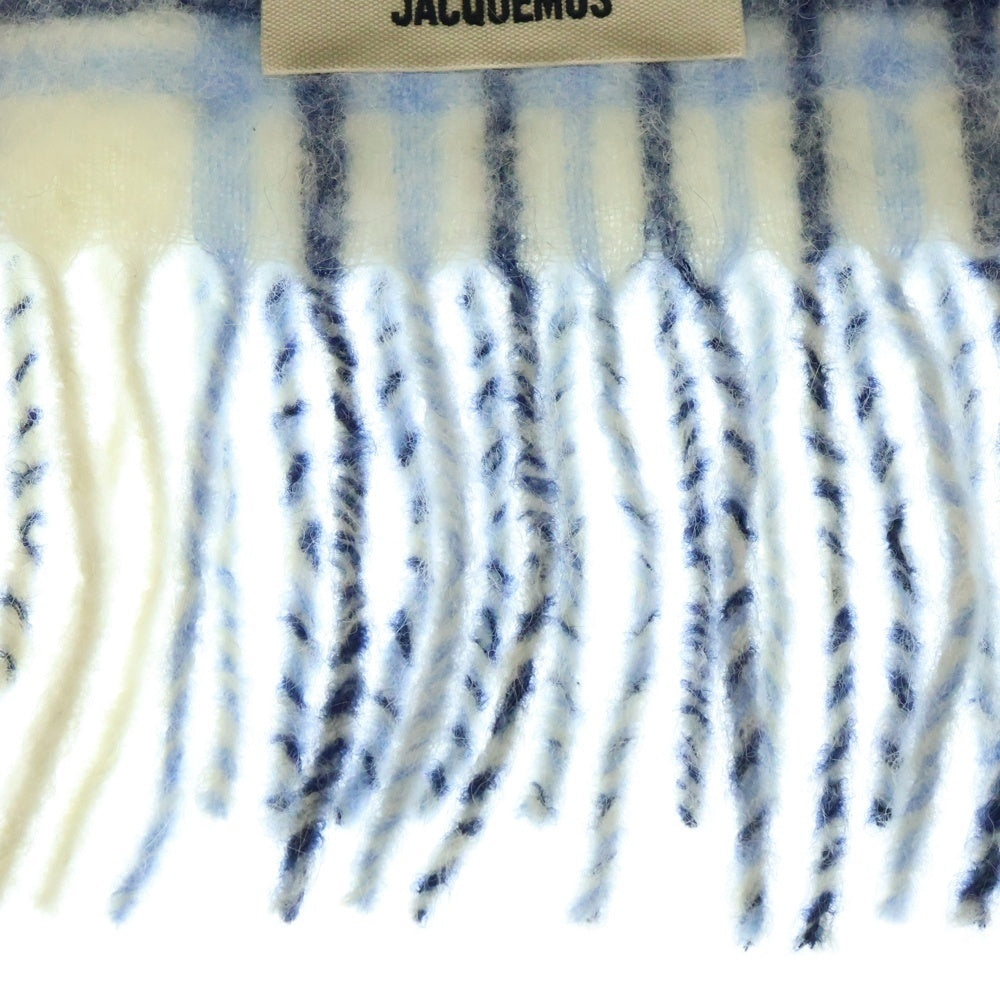 JACQUEMUS(ジャックムス) Carro スカーフ チェック柄 モヘア アルパカ混 ジャガードフリンジマフラー ホワイト/ブルー