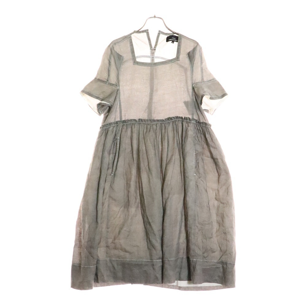 tricot COMME des GARCONS(トリコ コム デ ギャルソン) 15SS AD2014 リネン ギャザーデザイン スクエアネック 半袖ワンピース グレー レディース TO-O005