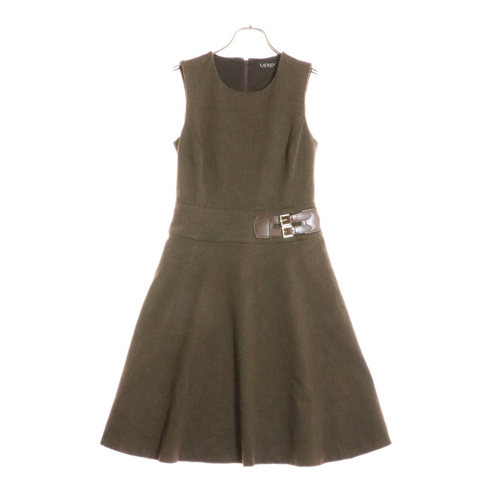 LAUREN RALPH LAUREN(ローレンラルフローレン) ウエストレザーベルトデザイン ストレッチヘリンボーン ノースリーブワンピース ブラウン レディース