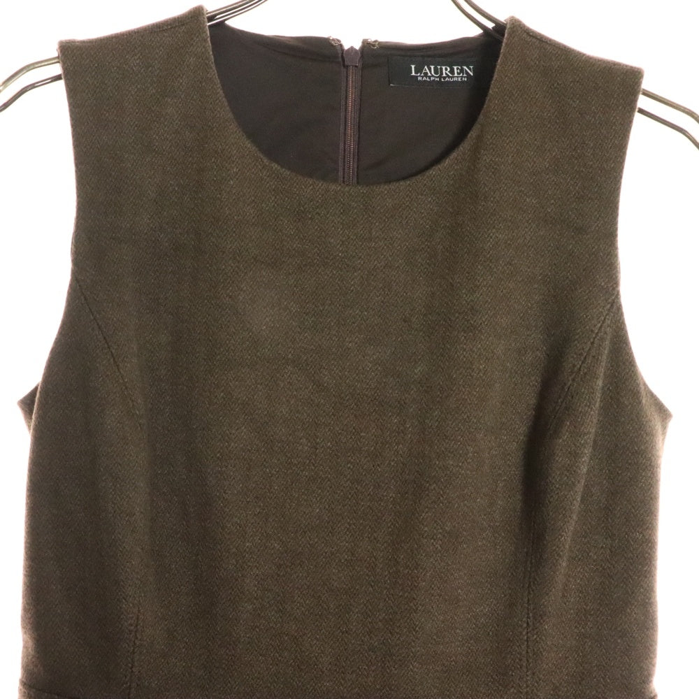 LAUREN RALPH LAUREN(ローレンラルフローレン) ウエストレザーベルトデザイン ストレッチヘリンボーン ノースリーブワンピース ブラウン レディース