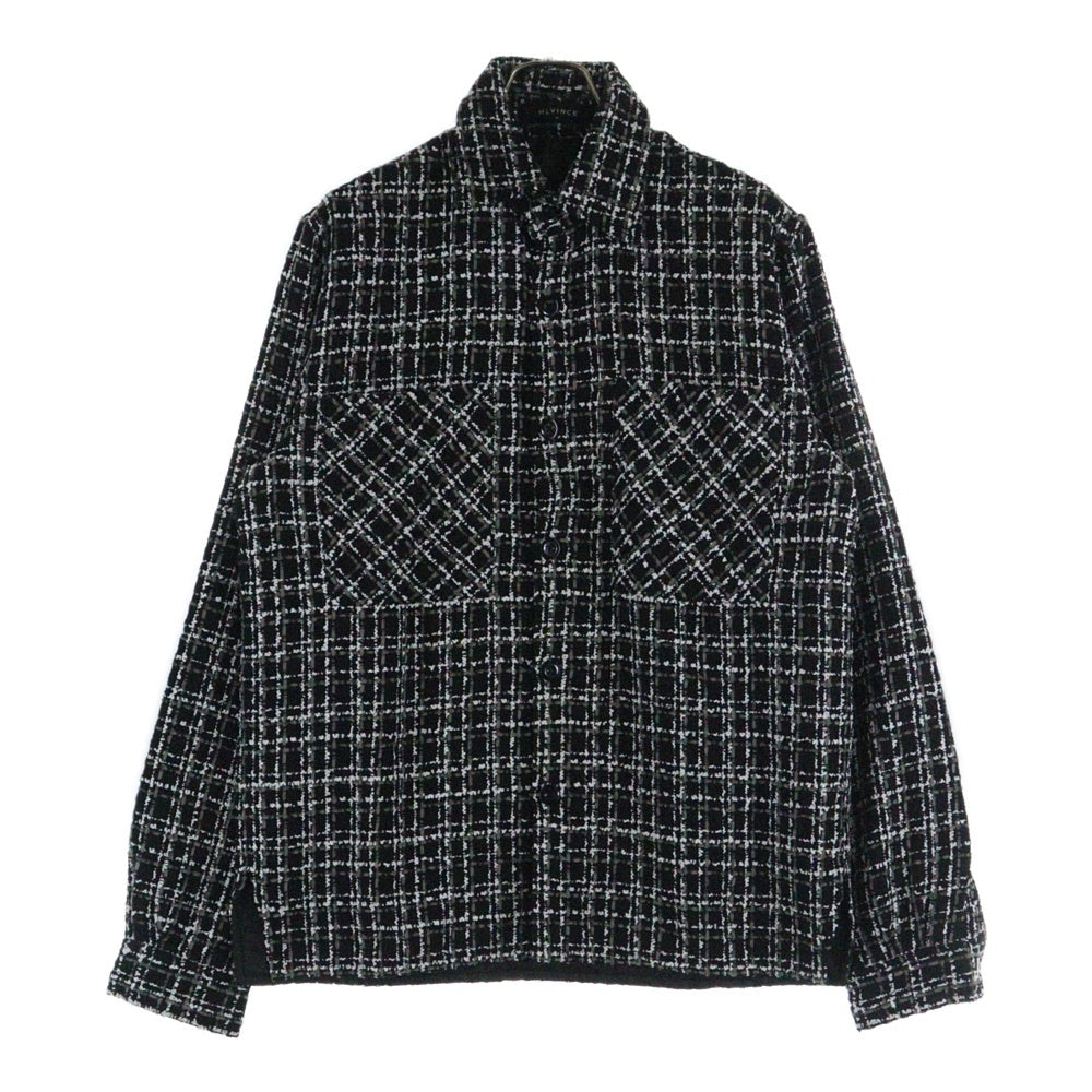 MLVINCE(メルヴィンス) MONO EMBROIDERY SHIRT ツイード地 長袖チェックシャツ ブラック/ホワイト