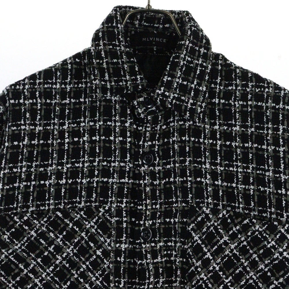 MLVINCE(メルヴィンス) MONO EMBROIDERY SHIRT ツイード地 長袖チェックシャツ ブラック/ホワイト