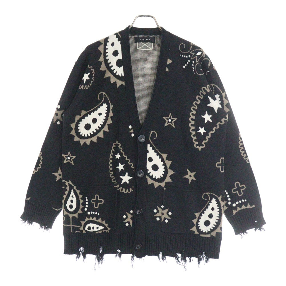 NO BRAND(ノーブランド) MLVINCE(メルヴェンス)PAISLEY DISTRESSED CARDIGAN ペイズリー ダメージ加工 アクリル混カーディガン ブラック