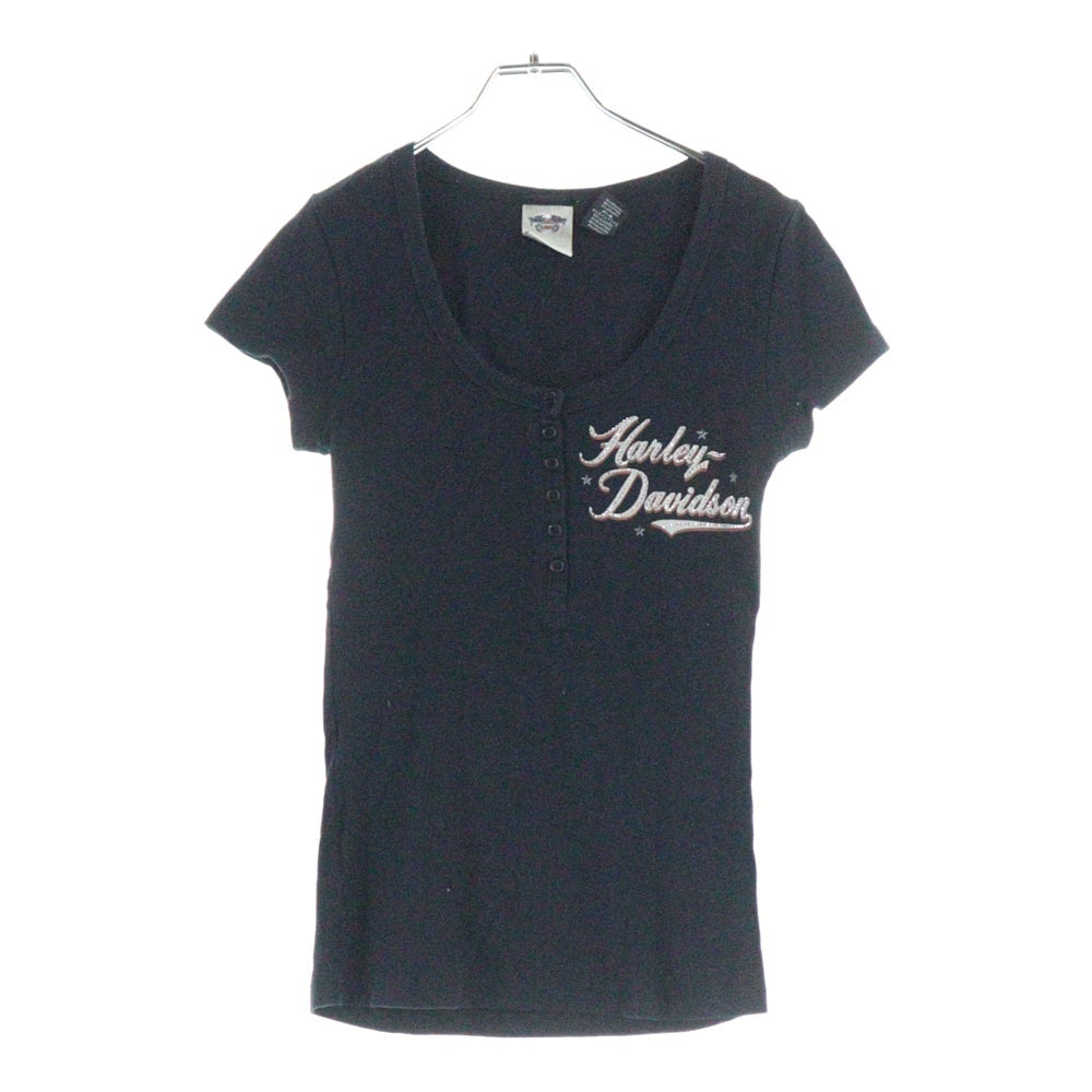 HARLEY DAVIDSON(ハーレーダビッドソン) USA製 ハーフボタン スパンコールデザイン ロゴプリント 半袖Tシャツ カットソー ブラック レディース