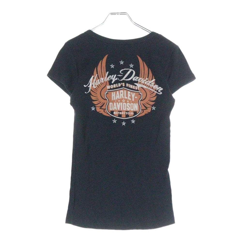 HARLEY DAVIDSON(ハーレーダビッドソン) USA製 ハーフボタン スパンコールデザイン ロゴプリント 半袖Tシャツ カットソー ブラック レディース