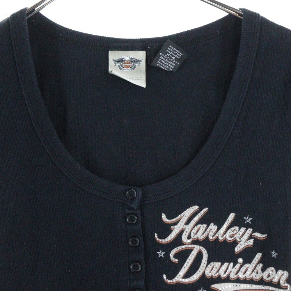 HARLEY DAVIDSON(ハーレーダビッドソン) USA製 ハーフボタン スパンコールデザイン ロゴプリント 半袖Tシャツ カットソー ブラック レディース