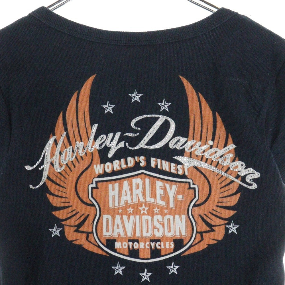 HARLEY DAVIDSON(ハーレーダビッドソン) USA製 ハーフボタン スパンコールデザイン ロゴプリント 半袖Tシャツ カットソー ブラック レディース
