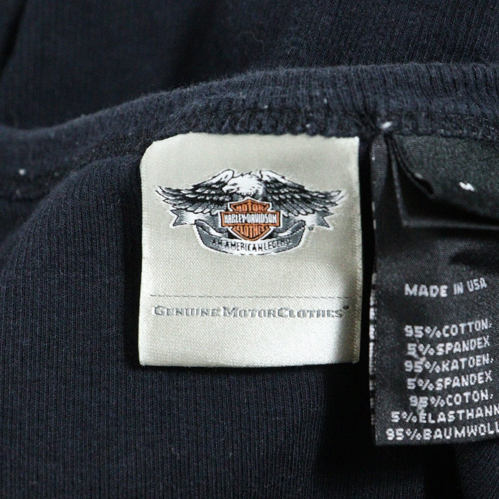 HARLEY DAVIDSON(ハーレーダビッドソン) USA製 ハーフボタン スパンコールデザイン ロゴプリント 半袖Tシャツ カットソー ブラック レディース