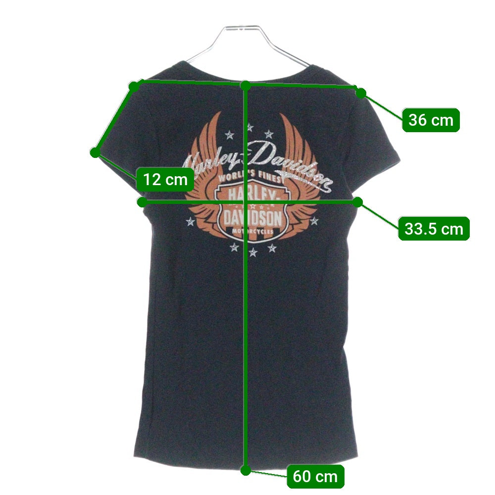 HARLEY DAVIDSON(ハーレーダビッドソン) USA製 ハーフボタン スパンコールデザイン ロゴプリント 半袖Tシャツ カットソー ブラック レディース
