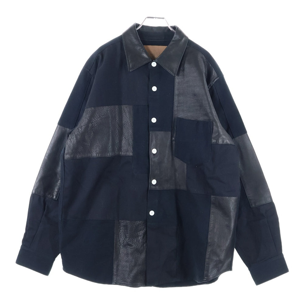 AVALONE(アヴァロン) 21SS レザーパッチワーク コットン長袖シャツ ブラック A-21SS-3FSP