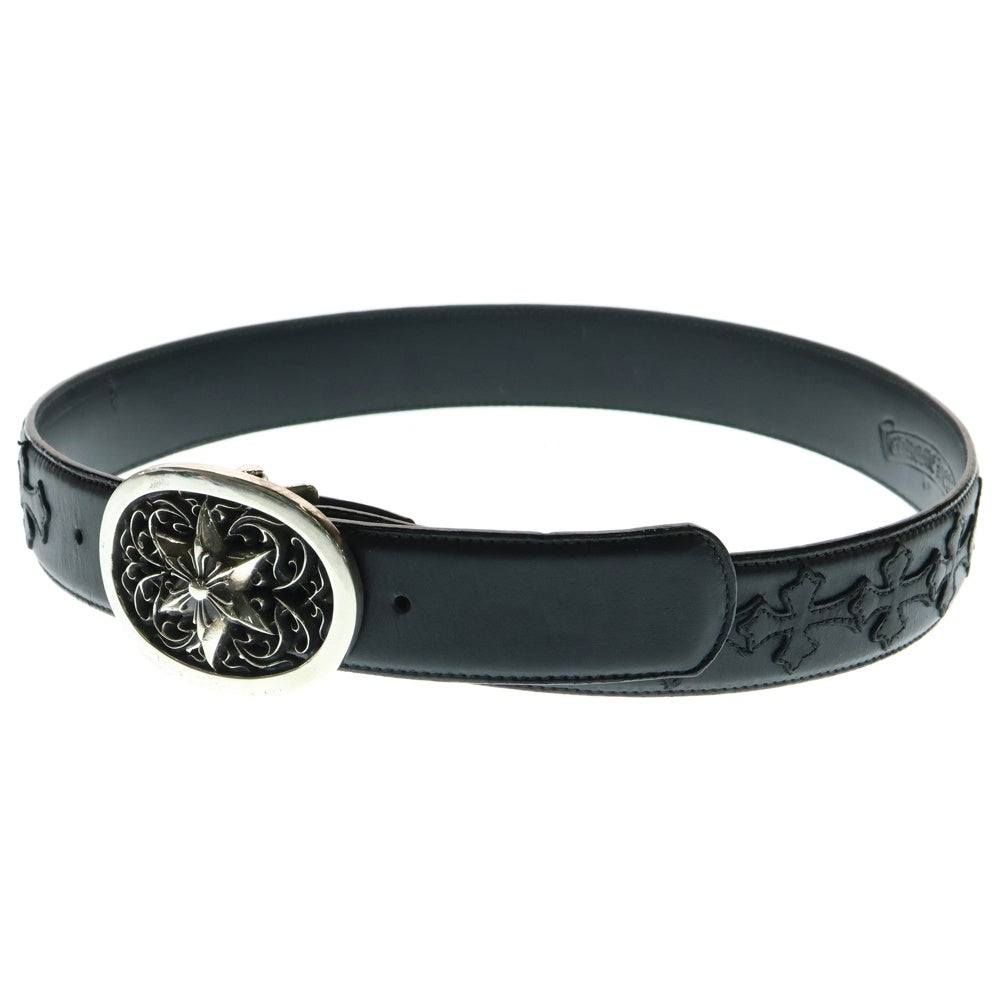CHROME HEARTS(クロムハーツ) OVAL STAR STRAP CEMETERY 1.5 クラシックオーバルスター バックル セメタリー クロスパッチ付き ストラップ レザーベルト シルバー/ブラック
