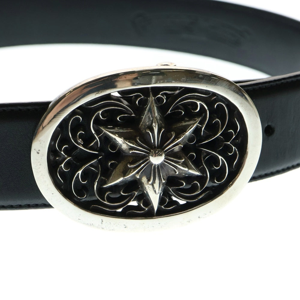 CHROME HEARTS(クロムハーツ) OVAL STAR STRAP CEMETERY 1.5 クラシックオーバルスター バックル セメタリー クロスパッチ付き ストラップ レザーベルト シルバー/ブラック