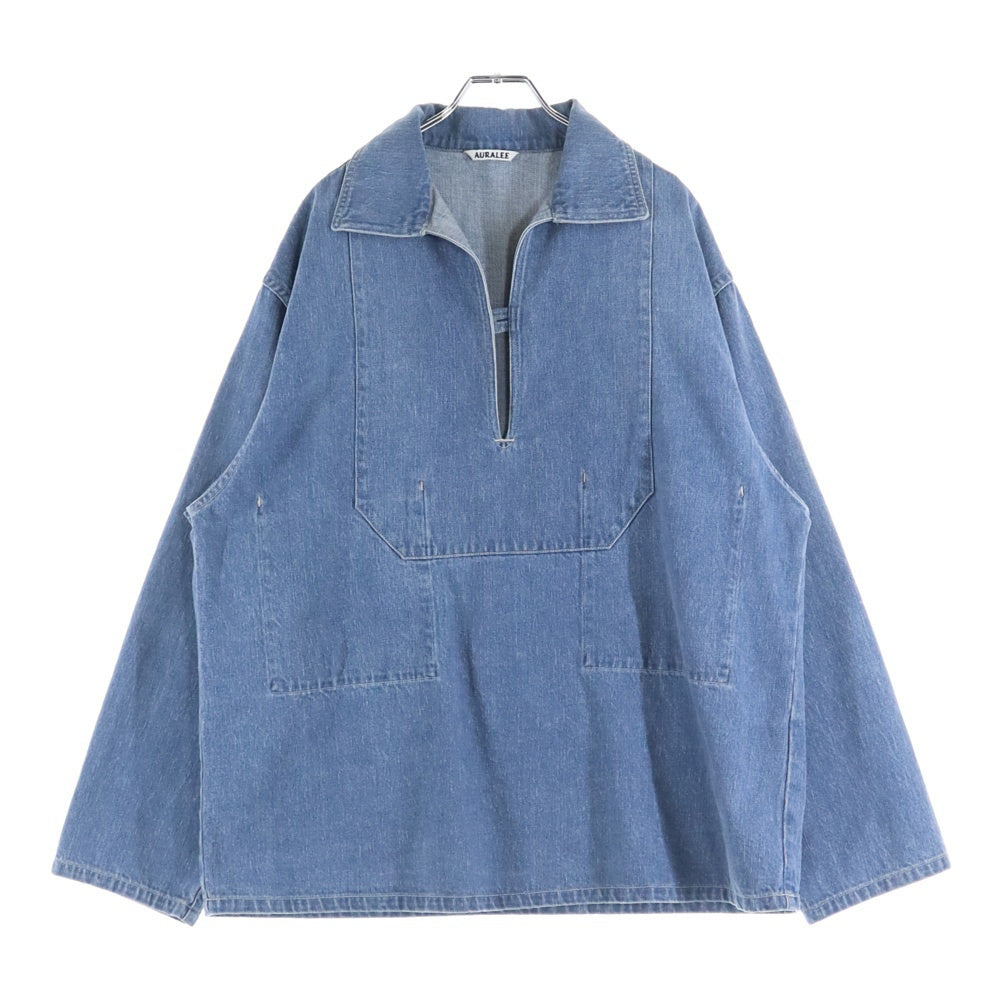 AURALEE(オーラリー) 24SS SELVEDGE FADED LIGHT DENIM P/O SHIRT セルヴィッチ フェード加工 デニムプルオーバーシャツ スキッパーシャツ インディゴ A24SS02DE