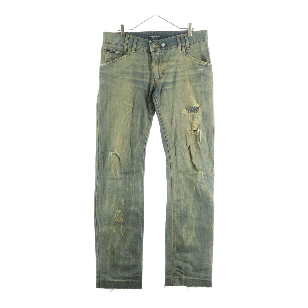 DOLCE & GABBANA(ドルチェアンドガッバーナ) ダメージ加工 ジップフライ ストレートデニムパンツ インディゴ G334TD