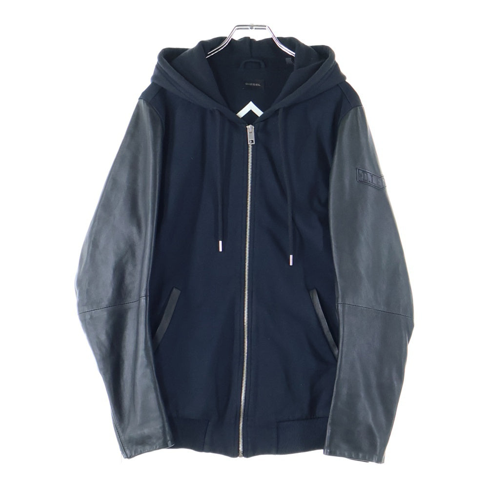 DIESEL(ディーゼル) ラムレザー切り替え サイドロゴパッチ ジップアップ フーデッド ジャケット ブラック TR000084