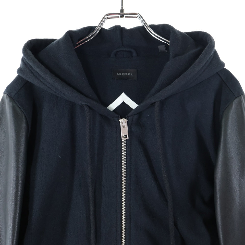 DIESEL(ディーゼル) ラムレザー切り替え サイドロゴパッチ ジップアップ フーデッド ジャケット ブラック TR000084