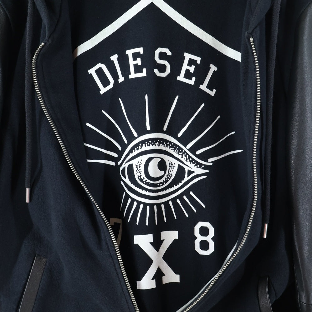 DIESEL(ディーゼル) ラムレザー切り替え サイドロゴパッチ ジップアップ フーデッド ジャケット ブラック TR000084
