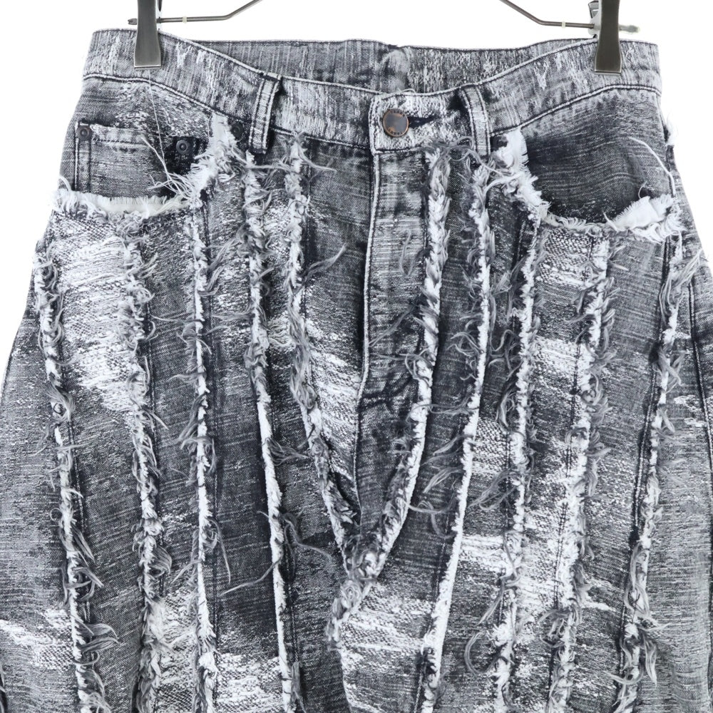 TAAKK(ターク) 24AW DENIM PANTS ダメージ加工 フリンジ ボタンフライ ワイド デニムパンツ ブラック/ホワイト TA24AW-PT050