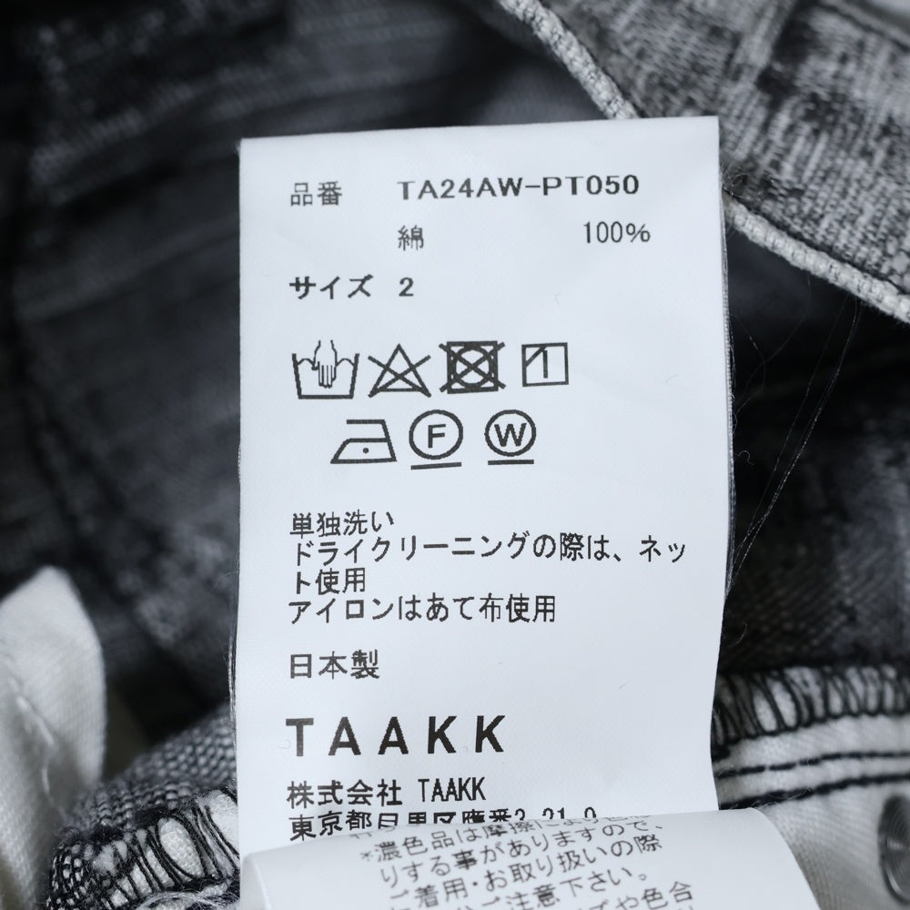TAAKK(ターク) 24AW DENIM PANTS ダメージ加工 フリンジ ボタンフライ ワイド デニムパンツ ブラック/ホワイト TA24AW-PT050
